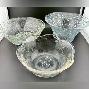 3 bowls, Indiana Glass Co., KIG Indonesia and Anchor Hocking bowls.